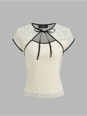 Cider Ivory Lace Bow-Trim Cap Sleeve Blouse with Black Piping